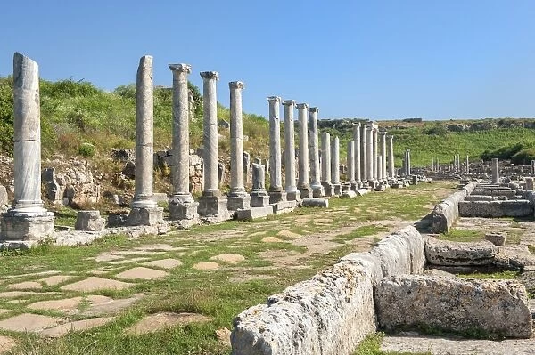 Columned street leading to the Nymphaeum (Fountain), Perge, Antalya, Anatolia, Turkey, Asia Minor, Eurasia