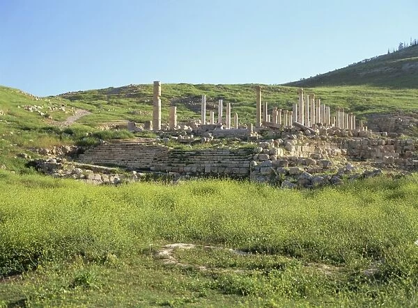 Columns of Byzantine Civic Centre Church dating from around 400 AD, built over earlier Roman civic centre, Pella, Jordan Valley, Jordan