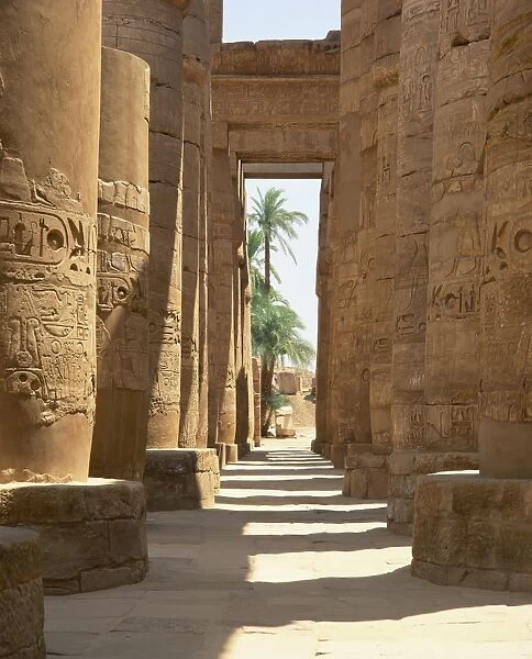 Columns with hieroglyphs in the Great Hypostyle Hall, Temple of Karnak