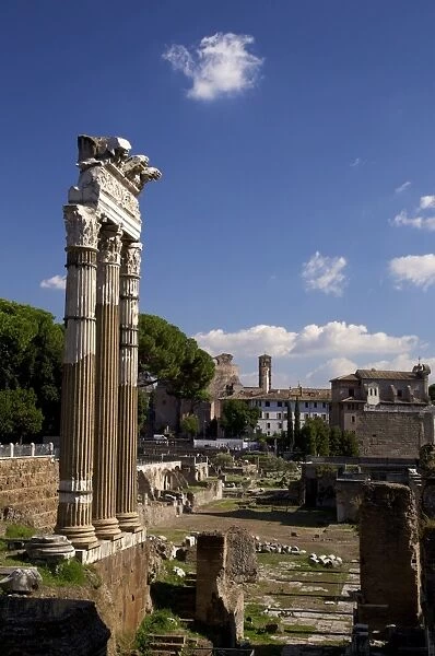 Three columns, Temple of Castor and Pollux, Roman Forum, UNESCO World Heritage Site, Rome, Lazio, Italy, Europe