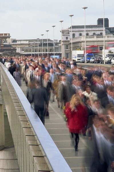 Commuter crowd crossing bridge, City of London, London, England, United Kingdom, Europe