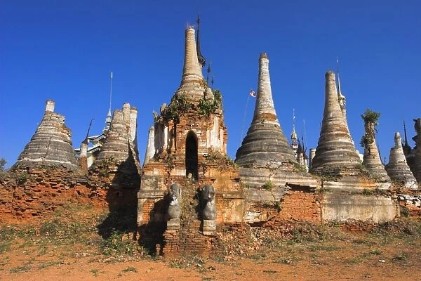 Complex of unrestored shrines and stupas at Nyaung Ohak Monastery (Under the Banyan Trees monastery), Indein, Inle Lake, Shan State, Myanmar