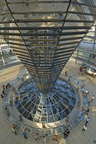 The cone shaped funnel in the dome cupola has 360 glass mirrors reflecting light into the Plenary chamber of the Reichstag building, designed by Sir Norman Foster, Berlin