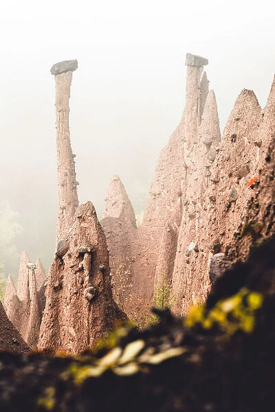 Conical rock pillars of the earth pyramids emerging from fog, Renon (Ritten), Bolzano