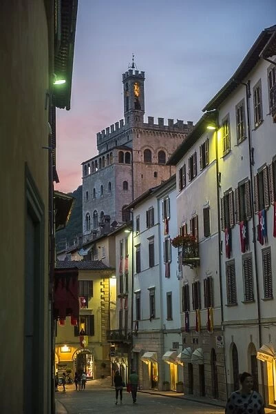 Consolis Palace after sunset, Gubbio, Umbria, Italy, Europe