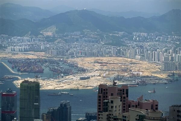 Construction site on reclaimed land in Kowloon in Victoria Harbour, Hong Kong