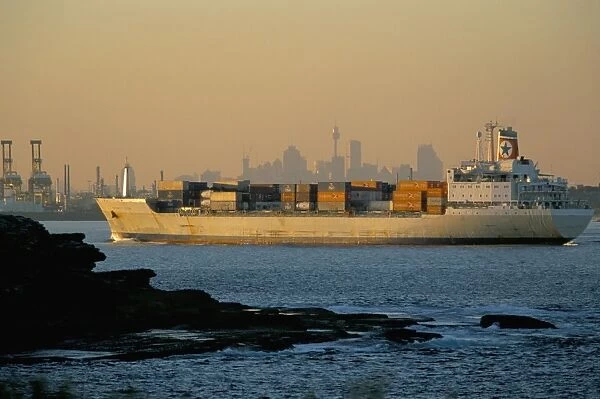 Container ship entering Botany Bay, Sydneys port and landfall site of Captain Cooks Endeavour, Sydney, New South Wales