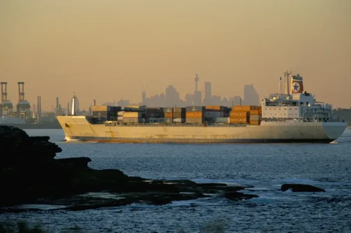 Framed Print : Container ship entering Botany Bay, Sydneys port and landfall site of Captain Cooks Endeavour, Sydney, New South Wales Framed Print : Container ship entering Botany Bay, Sydneys port and landfall site of Captain Cooks Endeavour, Sydney, New South Wales