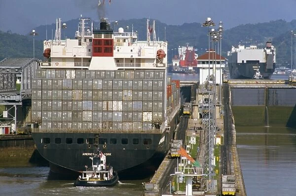 Container ship passing through the Miraflores Locks