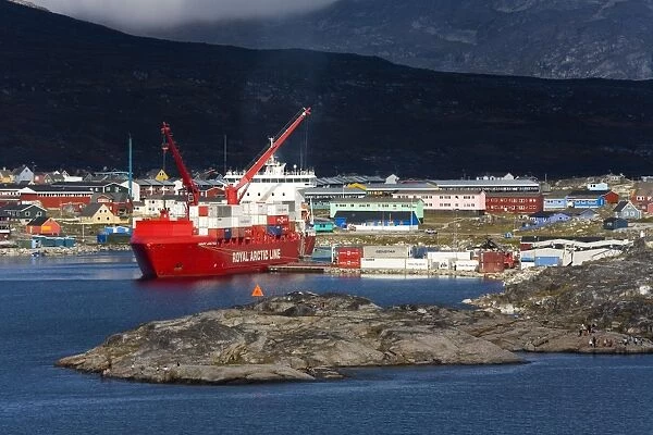 Container ship unloading at Nanortalik Port, Island of Qoornoq, Province of Kitaa