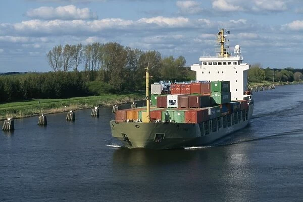 Containers on a ship transitting the Kiel Canal in Germany
