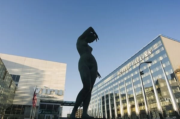Contemporary art sculpture and Hotel Tallink in downtown shopping district
