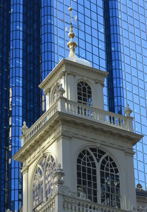 Framed Print : Contrasting church tower and modern office building, Boston, Massachusetts Framed Print : Contrasting church tower and modern office building, Boston, Massachusetts