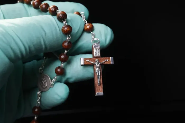 Framed Print : Coronavirus (COVID-19) epidemic, Christian praying rosary beads with protecting glove Framed Print : Coronavirus (COVID-19) epidemic, Christian praying rosary beads with protecting glove