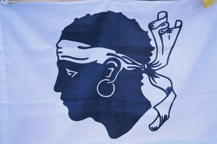 Framed Print : Detail of a Corsican flag, Ajaccio, island of Corsica, France, Europe