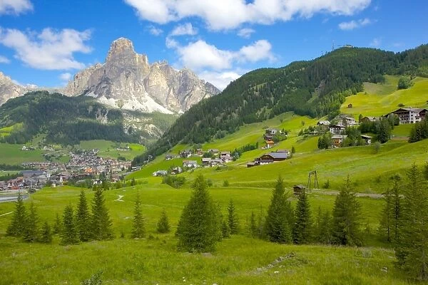 Corvara and Sass Songher Mountain, Badia Valley, Bolzano Province, Trentino-Alto Adige  /  South Tyrol, Italian Dolomites, Italy, Europe