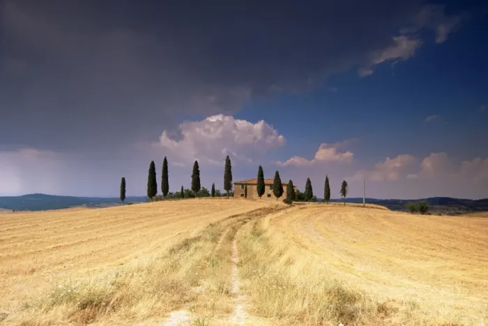 Framed Print : Cottage and cypress trees near Pienza