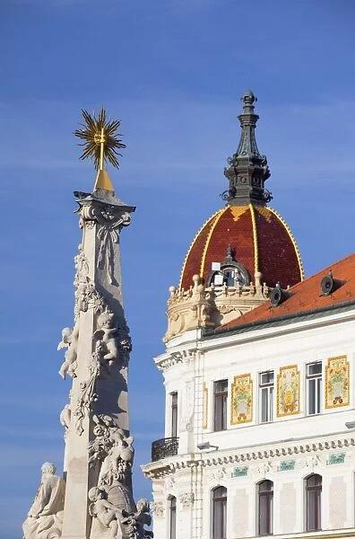 County Hall and Trinity Column in Szechenyi Square, Pecs, Southern Transdanubia, Hungary, Europe