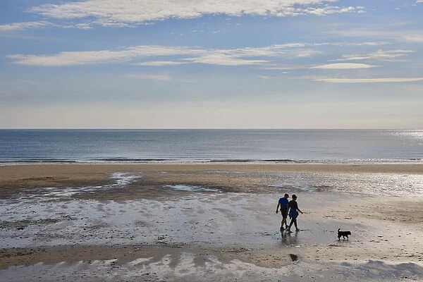 Couple walking dog on North Bay beach, Scarborough, Yorkshire, England, United Kingdom, Europe