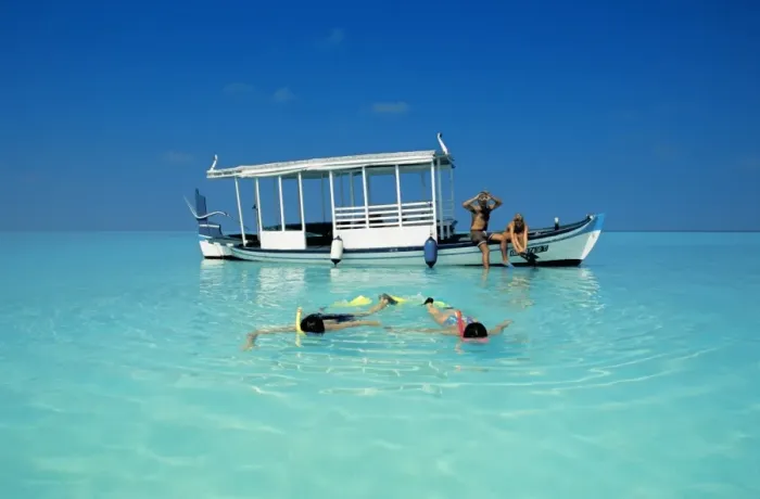 Framed Print : Two couples snorkelling in the Maldives, Indian Ocean, Asia