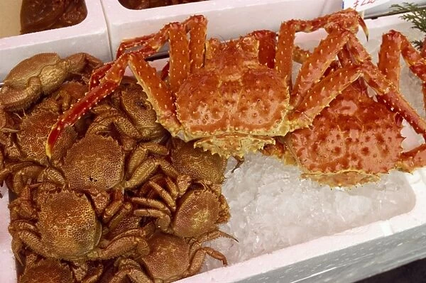 Crabs on ice for sale in the Seafood Market at Hakodate