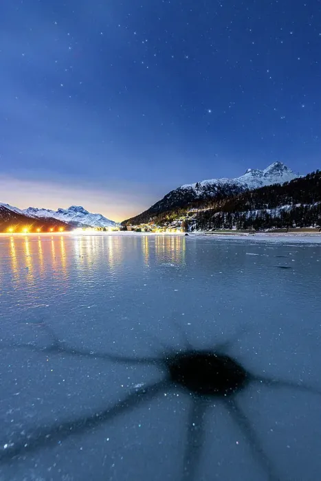 Framed Print : Cracked ice on the frozen surface of Lake Champfer in winter, Silvaplana, Engadine, canton of Graubunden, Switzerland, Europe