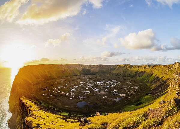 Crater of Rano Kau Volcano at sunset, Easter Island, Chile, South America