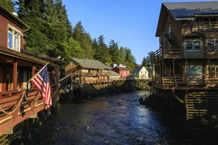 Framed Print : Creek Street, Ketchikan Creek boardwalk, historic red-light district, beautiful sunny Framed Print : Creek Street, Ketchikan Creek boardwalk, historic red-light district, beautiful sunny