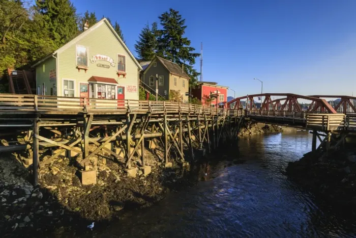 Framed Print : Creek Street, Ketchikan Creek boardwalk, historic red-light district, beautiful sunny Framed Print : Creek Street, Ketchikan Creek boardwalk, historic red-light district, beautiful sunny