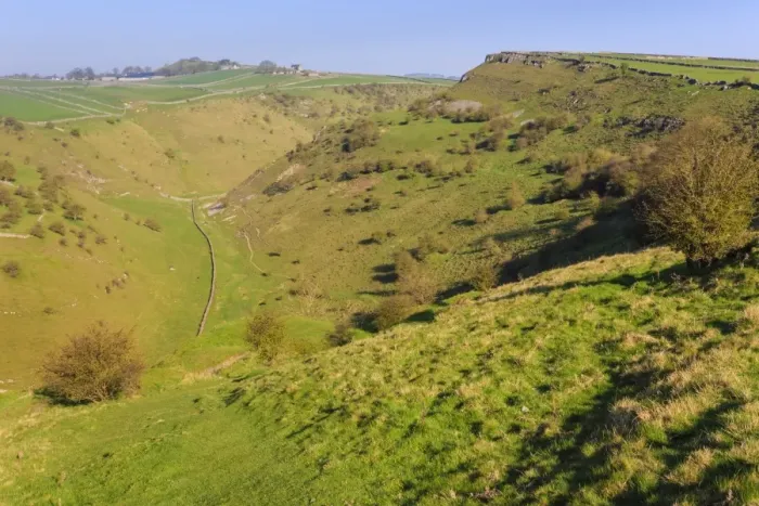 Framed Print : Cressbrook Dale Nature Reserve, rolling landscape, elevated view in spring, Peak Framed Print : Cressbrook Dale Nature Reserve, rolling landscape, elevated view in spring, Peak