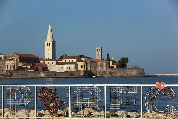 Croatia Sign, Tower of Euphrasian Bascilica in the background, Old Town, Porec, Croatia, Europe