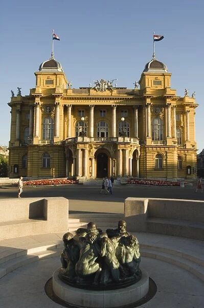 Croatian National Theatre, neo-baroque architecture dating from 1895, and Ivan Mestrovics sculpture Fountain of Life from 1905, Zagreb