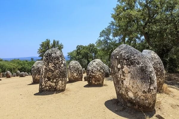 The Cromlech of the Almendres megalithic stone circle near Evora, Alentejo, Portugal