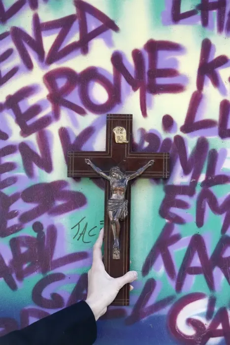 Framed Print : Cross and graffiti, Chambery, Savoie, France, Europe Framed Print : Cross and graffiti, Chambery, Savoie, France, Europe