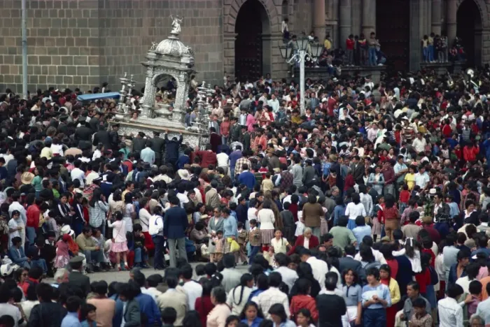 Framed Print : Crowds around a shrine during the Corpus Christi Festival in Cuzco Framed Print : Crowds around a shrine during the Corpus Christi Festival in Cuzco