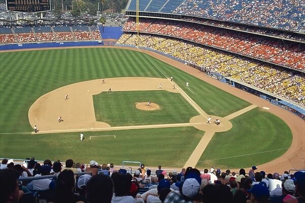 Crowds watch baseball game at the Dodgers Stadium in Los Angeles