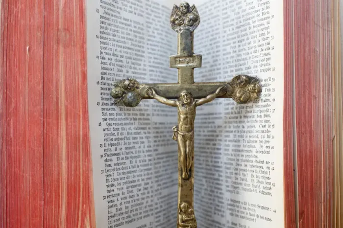 Framed Print : Crucifix and Bible, Haute Savoie, France, Europe