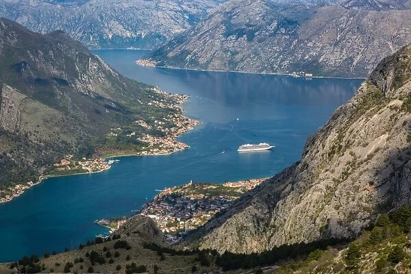 Cruise ship in the Bay of Kotor, UNESCO World Heritage Site, Montenegro, Europe