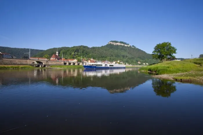 Framed Print : Cruise ship floating along the River Elbe, Saxony, Germany, Europe Framed Print : Cruise ship floating along the River Elbe, Saxony, Germany, Europe