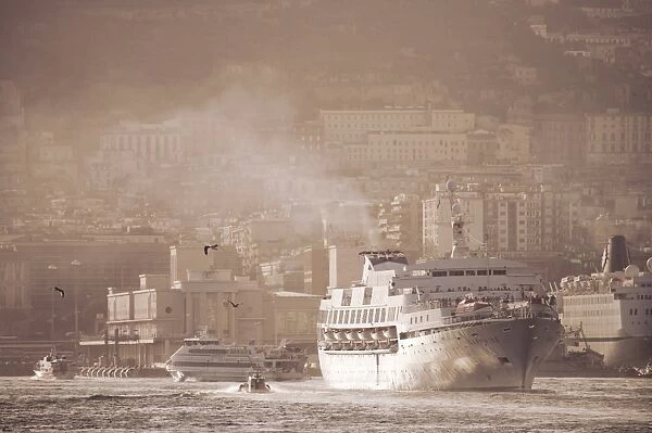 Cruise ship leaving Naples harbour, Naples, Campania, Italy, Mediterranean, Europe