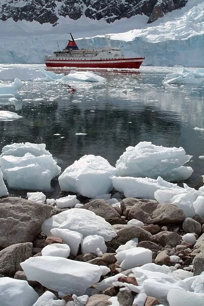 Cruise ship moored at Neko Harbor, Antarctica, Polar Regions