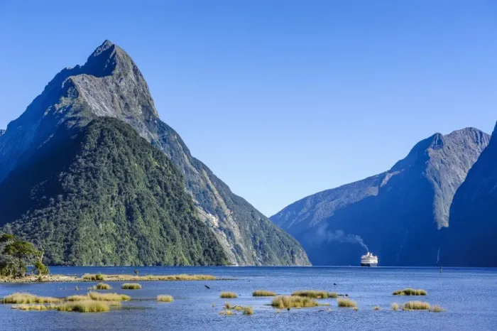 Framed Print : Cruise ship passing through Milford Sound, Fiordland National Park, UNESCO World Heritage Site, South Island, New Zealand, Pacific