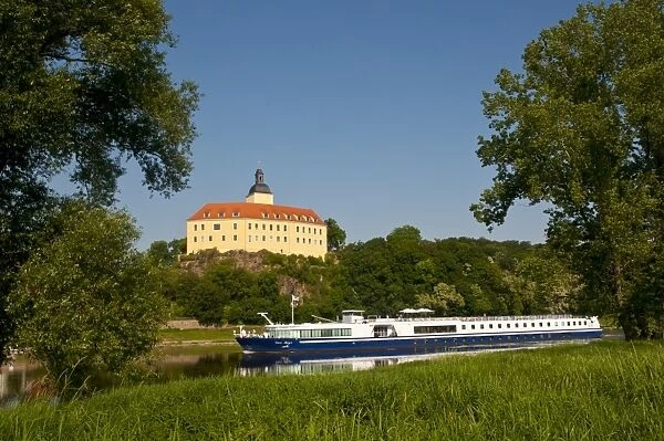 Cruise ship on the River Elbe in front of Castle Hirschstein, Saxony, Germany, Europe