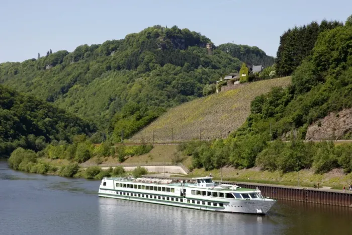 Framed Print : Cruise vessel on River Saar near Serrig, Rhineland-Palatinate, Germany, Europe Framed Print : Cruise vessel on River Saar near Serrig, Rhineland-Palatinate, Germany, Europe