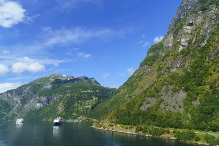Framed Print : Cruiseships moored at the head of Geirangerfjord by the village of Geiranger, UNESCO Framed Print : Cruiseships moored at the head of Geirangerfjord by the village of Geiranger, UNESCO