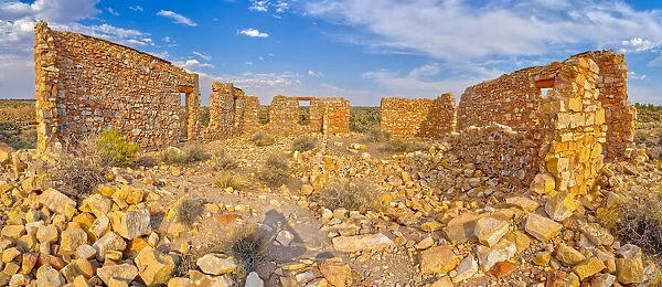The crumbling stone walls of a derelict building in the ghost town of Two Guns, Arizona