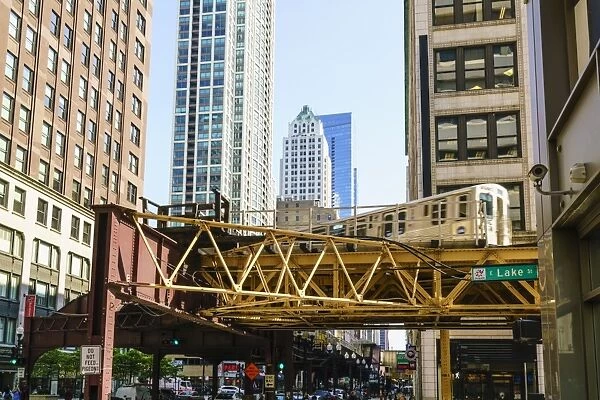 CTA train on the Loop track which runs above ground in downtown Chicago, Illinois