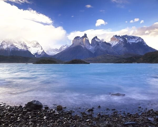 Cuernos del Paine rising up above Lago Pehoe, Torres del Paine National Park