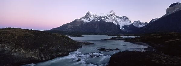 Cuernos del Paine rising up above Salto Grande, Torres del Paine National Park