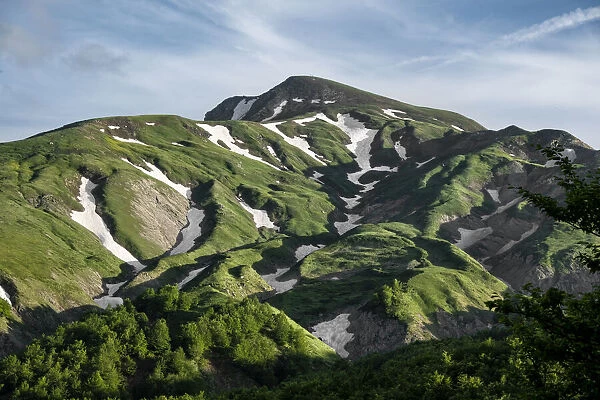 Cusna Mountain with lush green grass and some melting snow zone, Emilia Romagna, Italy, Europe